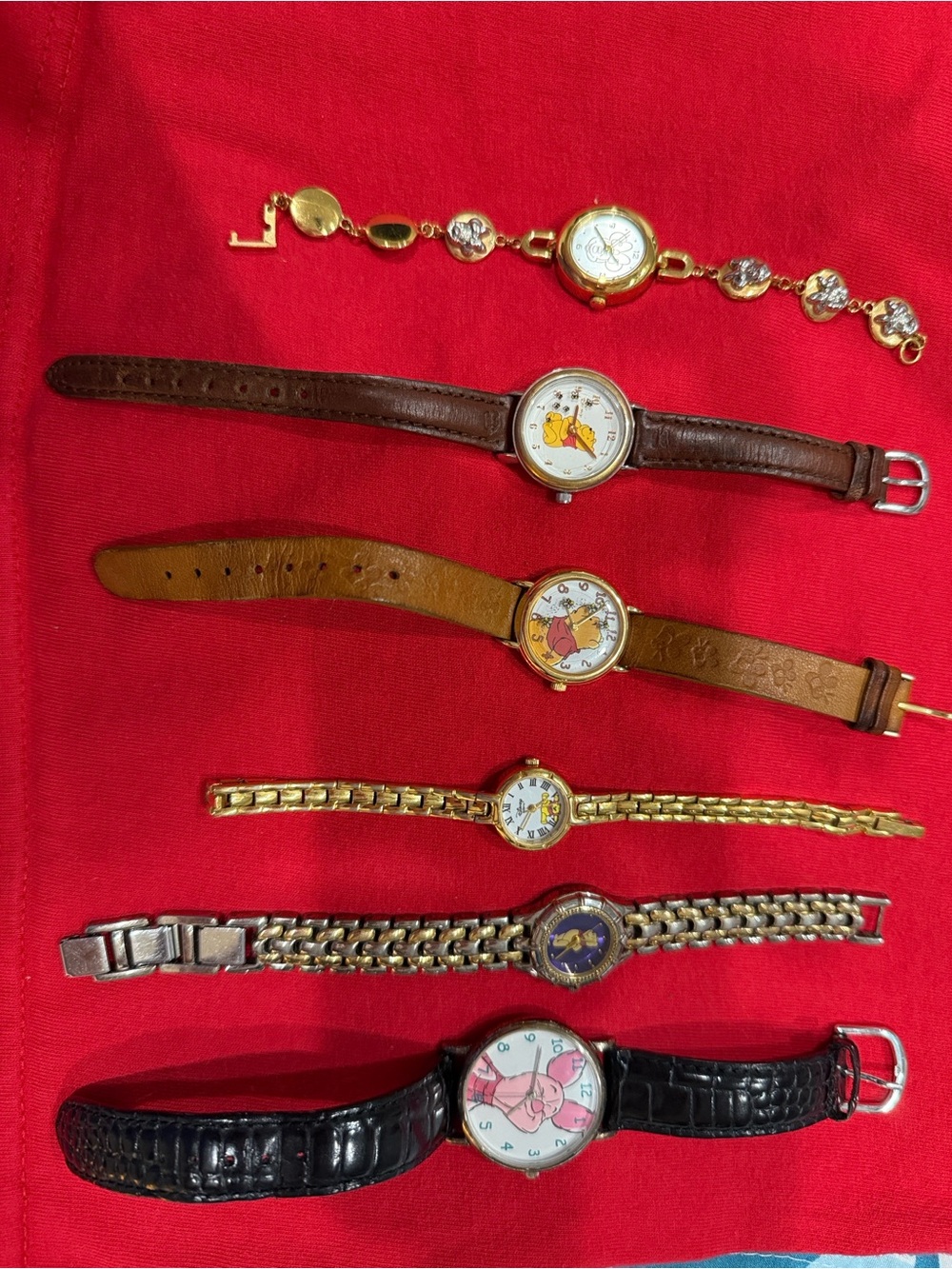 Disney Multi-Character Women's Watch Lot – Gold, Brown, Black, Tan.